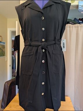 DKNY Black Sleeveless Midi Dress with Tie Belt